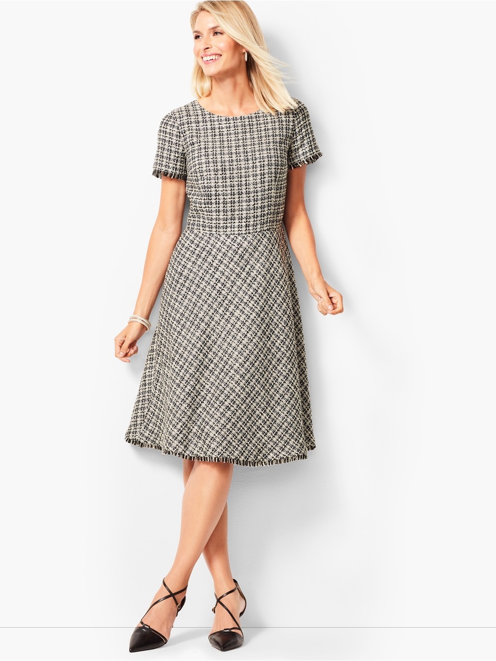 Talbots Black & White Tweed Midi Short Puff Sleeve Dress M
